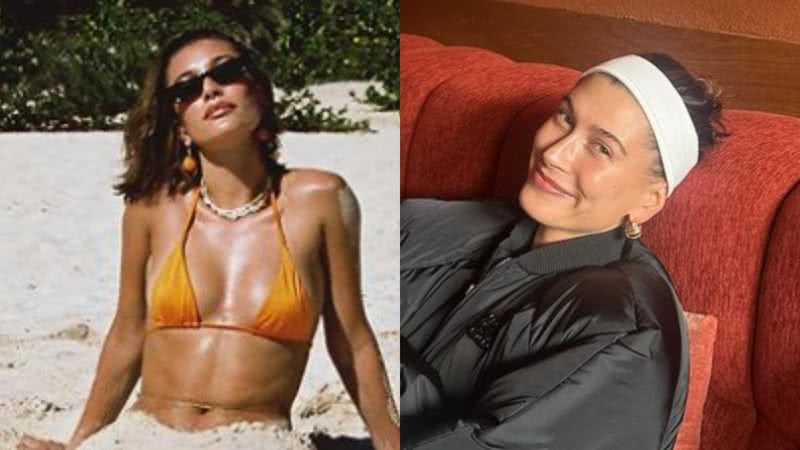 Modelo Hailey Baldwin Bieber, casada com Justin Bieber, abusa da variedade de ângulos para mostrar arte feita na beira do mar - Foto: Reprodução / Instagram